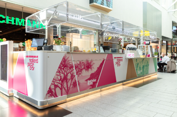 Topbox unit operating as the Naked Juicebar in a Swedish shopping centre