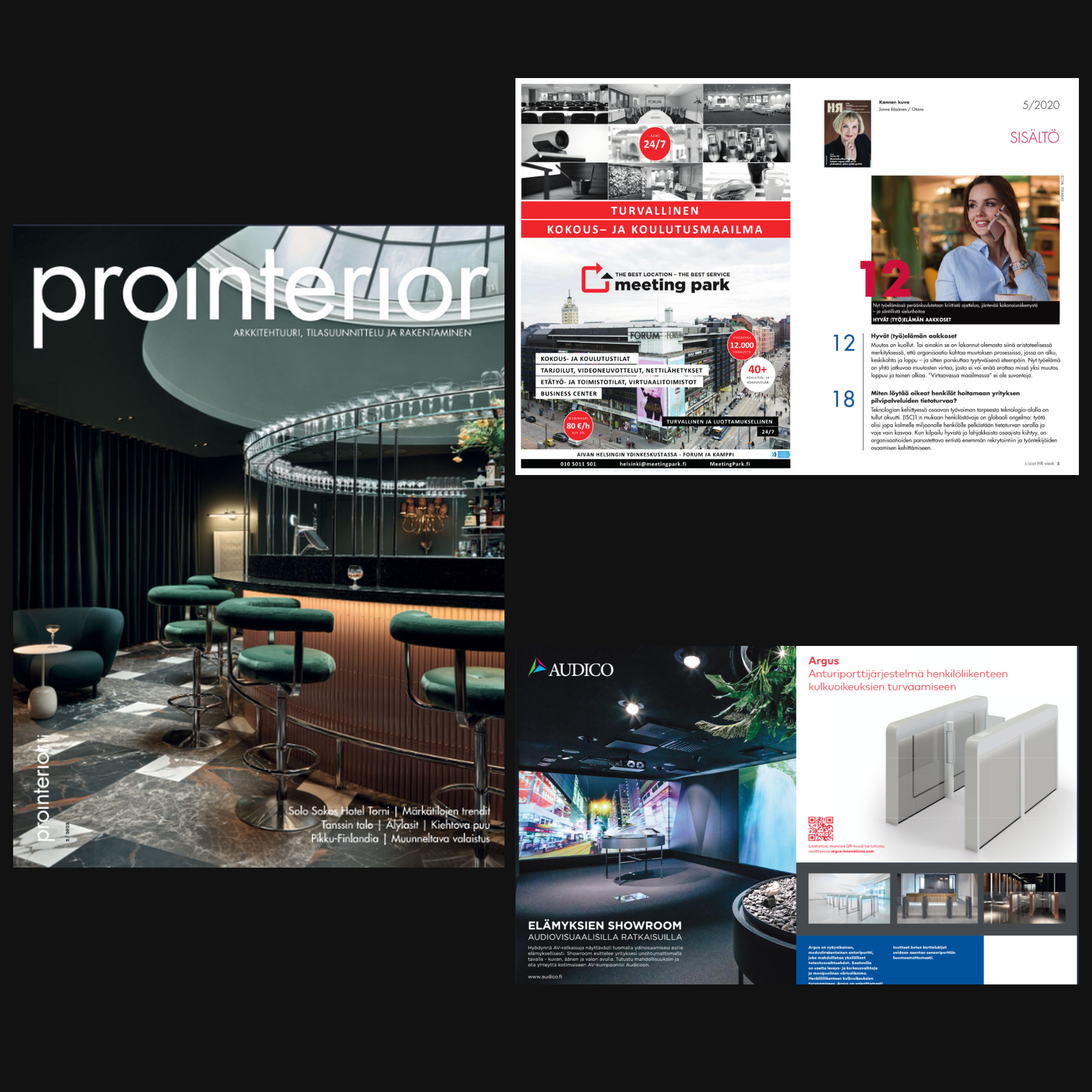Collage of magazine covers and customer advertisements from the Prointerior and HR trade medias